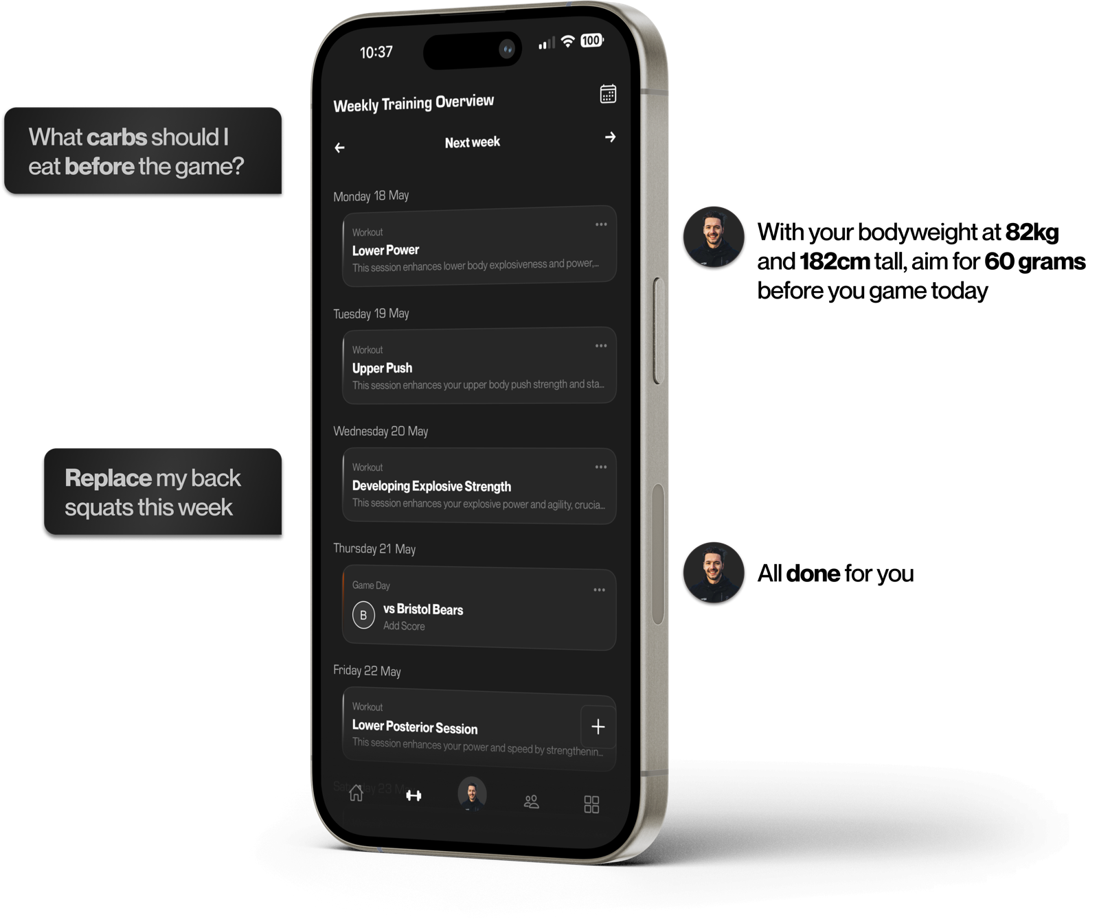 CURVA Coach app — weekly training schedule